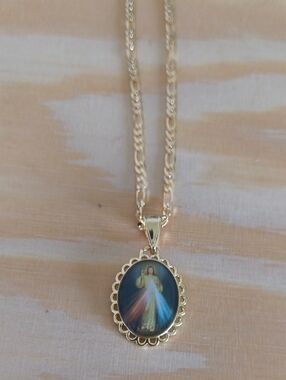 Gold-Tone Religious Oval Pendant Necklace with Multicolor Image